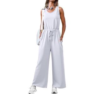 imageCicy Bell Womens Casual Wide Leg Jumpsuits Summer Sleeveless Loose Fit Jumper Drawstring Workout OutfitsWhite