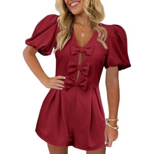 imageCicy Bell Womens Cute Rompers Bow Front Puff Sleeve V Neck Short Jumpsuits Sexy Summer Outfits with PocketsBurgundy