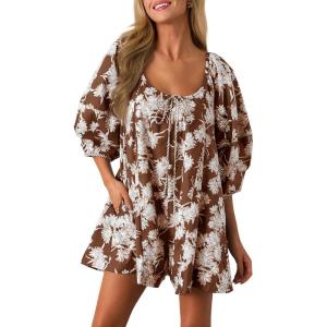 imageCicy Bell Womens Summer Floral Romper Loose Scoop Neck Lantern Sleeve Short Jumpsuits Front Tie Beach OutfitsCoffee