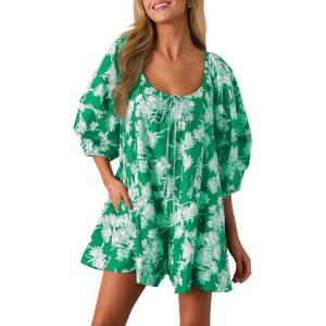 imageCicy Bell Womens Summer Floral Romper Loose Scoop Neck Lantern Sleeve Short Jumpsuits Front Tie Beach OutfitsGreen