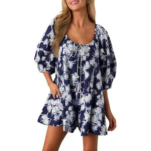 imageCicy Bell Womens Summer Floral Romper Loose Scoop Neck Lantern Sleeve Short Jumpsuits Front Tie Beach OutfitsNavy