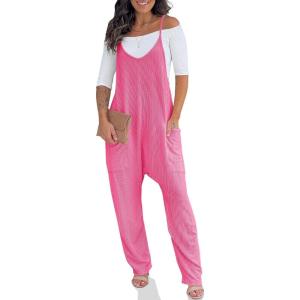 imageCicy Bell Womens Summer Ribbed Knit Overalls Jumpsuits Casual V Neck Adjustable Spaghetti Strap Jumpsuit Beach OutfitsBright Pink