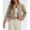 imageCicy Bell Womens Cropped Tweed Blazer Collarless Button Down Bomber Jacket Business Casual Fall OutfitsCoffee