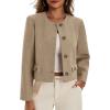 imageCicy Bell Womens Cropped Tweed Blazer Collarless Button Down Bomber Jacket Business Casual Fall OutfitsCoffee