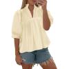 imageCicy Bell Womens Puff Sleeve V Neck Blouse Babydoll Peplum Tops Dressy Casual Pleated Loose Fit ShirtsBeige