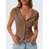 imageCicy Bell Womens Short Cap Sleeve Crop Tops Fitted Button Down V Neck Shirts Y2k Going Out Cute Ribbed Knit TshirtsBrown
