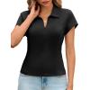 imageCicy Bell Womens Short Sleeve Collared Polo Shirts Cotton Fitted Blouse Summer Casual V Neck TopsBlack