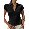 imageCicy Bell Womens Short Sleeve Collared Polo Shirts Cotton Fitted Blouse Summer Casual V Neck TopsBlack