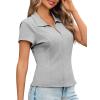 imageCicy Bell Womens Short Sleeve Collared Polo Shirts Cotton Fitted Blouse Summer Casual V Neck TopsGrey