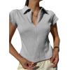 imageCicy Bell Womens Short Sleeve Collared Polo Shirts Cotton Fitted Blouse Summer Casual V Neck TopsGrey
