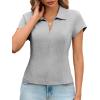 imageCicy Bell Womens Short Sleeve Collared Polo Shirts Cotton Fitted Blouse Summer Casual V Neck TopsGrey