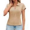 imageCicy Bell Womens Short Sleeve Collared Polo Shirts Cotton Fitted Blouse Summer Casual V Neck TopsKhaki