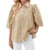 imageCicy Bell Womens Summer Button Down Shirts Short Ruffle Puff Sleeve Cotton Blouses Dressy Casual Ladies TopsBeige