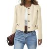 imageCicy Bell Womens Cropped Tweed Blazer Collarless Button Down Bomber Jacket Business Casual Fall OutfitsBeige