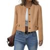 imageCicy Bell Womens Cropped Tweed Blazer Collarless Button Down Bomber Jacket Business Casual Fall OutfitsBrown