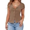 imageCicy Bell Womens Short Cap Sleeve Crop Tops Fitted Button Down V Neck Shirts Y2k Going Out Cute Ribbed Knit TshirtsBrown