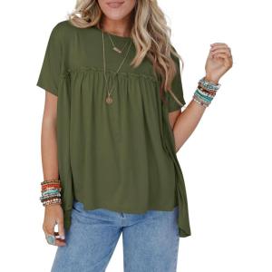 imageCicy Bell Women Summer Babydoll Tunic Tops Pleated Short Sleeve Crew Neck Peplum Blouse Casual Loose Fit T ShirtsArmy Green