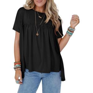 imageCicy Bell Women Summer Babydoll Tunic Tops Pleated Short Sleeve Crew Neck Peplum Blouse Casual Loose Fit T ShirtsBlack