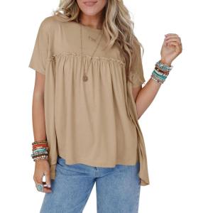 imageCicy Bell Women Summer Babydoll Tunic Tops Pleated Short Sleeve Crew Neck Peplum Blouse Casual Loose Fit T ShirtsKhaki