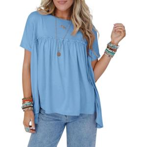 imageCicy Bell Women Summer Babydoll Tunic Tops Pleated Short Sleeve Crew Neck Peplum Blouse Casual Loose Fit T ShirtsSky Blue