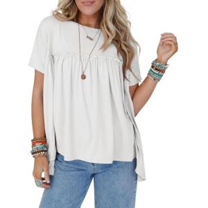 imageCicy Bell Women Summer Babydoll Tunic Tops Pleated Short Sleeve Crew Neck Peplum Blouse Casual Loose Fit T ShirtsWhite