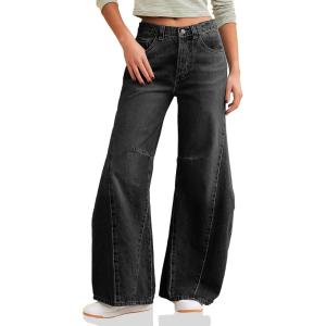 imageCicy Bell Womens Baggy Bell Bottom Jeans High Waisted Flare Barrel Wide Leg Stretchy Denim PantsBlack