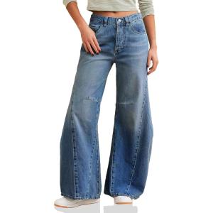 imageCicy Bell Womens Baggy Bell Bottom Jeans High Waisted Flare Barrel Wide Leg Stretchy Denim PantsBlue