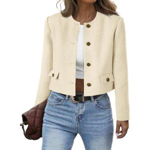 imageCicy Bell Womens Cropped Tweed Blazer Collarless Button Down Bomber Jacket Business Casual Fall OutfitsBeige