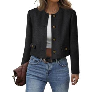 imageCicy Bell Womens Cropped Tweed Blazer Collarless Button Down Bomber Jacket Business Casual Fall OutfitsBlack