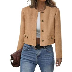 imageCicy Bell Womens Cropped Tweed Blazer Collarless Button Down Bomber Jacket Business Casual Fall OutfitsBrown