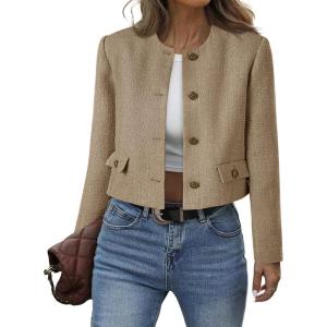 imageCicy Bell Womens Cropped Tweed Blazer Collarless Button Down Bomber Jacket Business Casual Fall OutfitsCoffee
