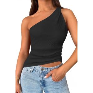 imageCicy Bell Womens One Shoulder Tank Tops Summer Going Out Tops Ruched Asymmetrical Sleeveless ShirtsBlack