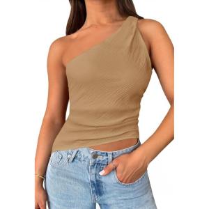 imageCicy Bell Womens One Shoulder Tank Tops Summer Going Out Tops Ruched Asymmetrical Sleeveless ShirtsBrown
