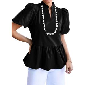 imageCicy Bell Womens Puff Sleeve Peplum Blouses Ruffle V Neck Summer Casual Tops Babydoll Loose Fit ShirtsBlack