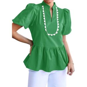imageCicy Bell Womens Puff Sleeve Peplum Blouses Ruffle V Neck Summer Casual Tops Babydoll Loose Fit ShirtsGreen