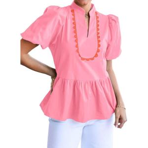 imageCicy Bell Womens Puff Sleeve Peplum Blouses Ruffle V Neck Summer Casual Tops Babydoll Loose Fit ShirtsPink