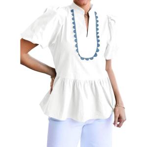 imageCicy Bell Womens Puff Sleeve Peplum Blouses Ruffle V Neck Summer Casual Tops Babydoll Loose Fit ShirtsWhite