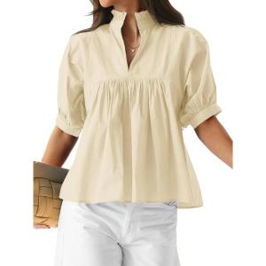 imageCicy Bell Womens Puff Sleeve V Neck Blouse Babydoll Peplum Tops Dressy Casual Pleated Loose Fit ShirtsBeige