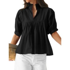 imageCicy Bell Womens Puff Sleeve V Neck Blouse Babydoll Peplum Tops Dressy Casual Pleated Loose Fit ShirtsBlack