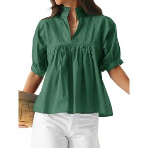 imageCicy Bell Womens Puff Sleeve V Neck Blouse Babydoll Peplum Tops Dressy Casual Pleated Loose Fit ShirtsDark Green