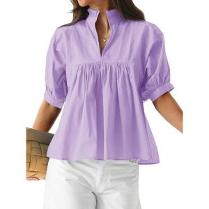 imageCicy Bell Womens Puff Sleeve V Neck Blouse Babydoll Peplum Tops Dressy Casual Pleated Loose Fit ShirtsLight Purple