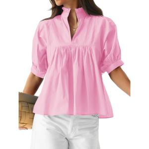 imageCicy Bell Womens Puff Sleeve V Neck Blouse Babydoll Peplum Tops Dressy Casual Pleated Loose Fit ShirtsPink