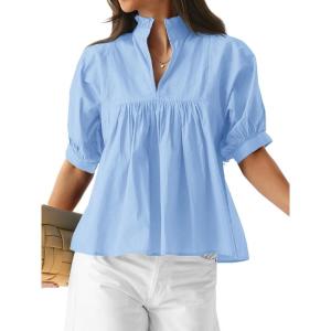 imageCicy Bell Womens Puff Sleeve V Neck Blouse Babydoll Peplum Tops Dressy Casual Pleated Loose Fit ShirtsSky Blue