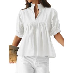 imageCicy Bell Womens Puff Sleeve V Neck Blouse Babydoll Peplum Tops Dressy Casual Pleated Loose Fit ShirtsWhite