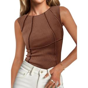 imageCicy Bell Womens Ribbed Tank Tops Fitted Summer Dressy Casual Sleeveless Shirts Cute Crew Neck Basic TeeBrown