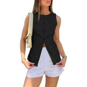 imageCicy Bell Womens Round Neck Waistcoat Vest Summer Button up Vest Tops Casual Business Fitted Sleeveless BlazerBlack