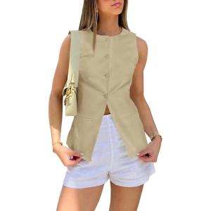 imageCicy Bell Womens Round Neck Waistcoat Vest Summer Button up Vest Tops Casual Business Fitted Sleeveless BlazerLight Khaki