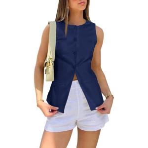 imageCicy Bell Womens Round Neck Waistcoat Vest Summer Button up Vest Tops Casual Business Fitted Sleeveless BlazerNavy