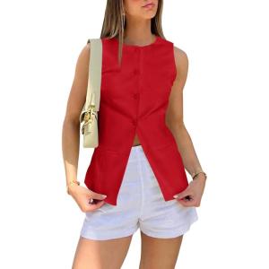imageCicy Bell Womens Round Neck Waistcoat Vest Summer Button up Vest Tops Casual Business Fitted Sleeveless BlazerRed