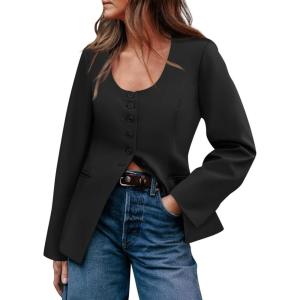 imageCicy Bell Womens Scoop Neck Casual Blazer Button Down Split Hem Fitted Business Work Suit JacketsBlack